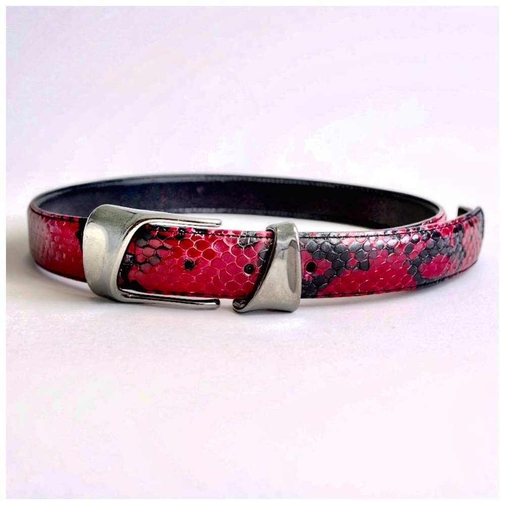 Fina Firenze Women’s Python-Print Leather Belt. Red, Black, Silver. 35” x 1”
